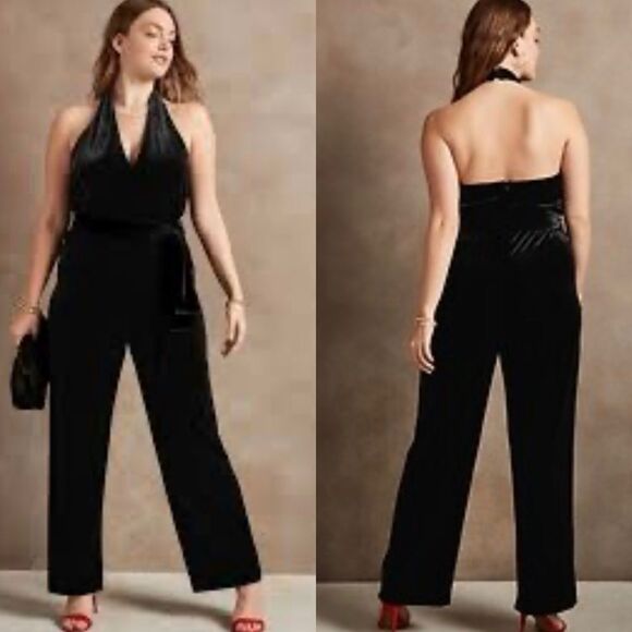 Banana Republic Factory Black Velvet Halter Neck Jumpsuit 2P 2 Petite - Picture 1 of 13